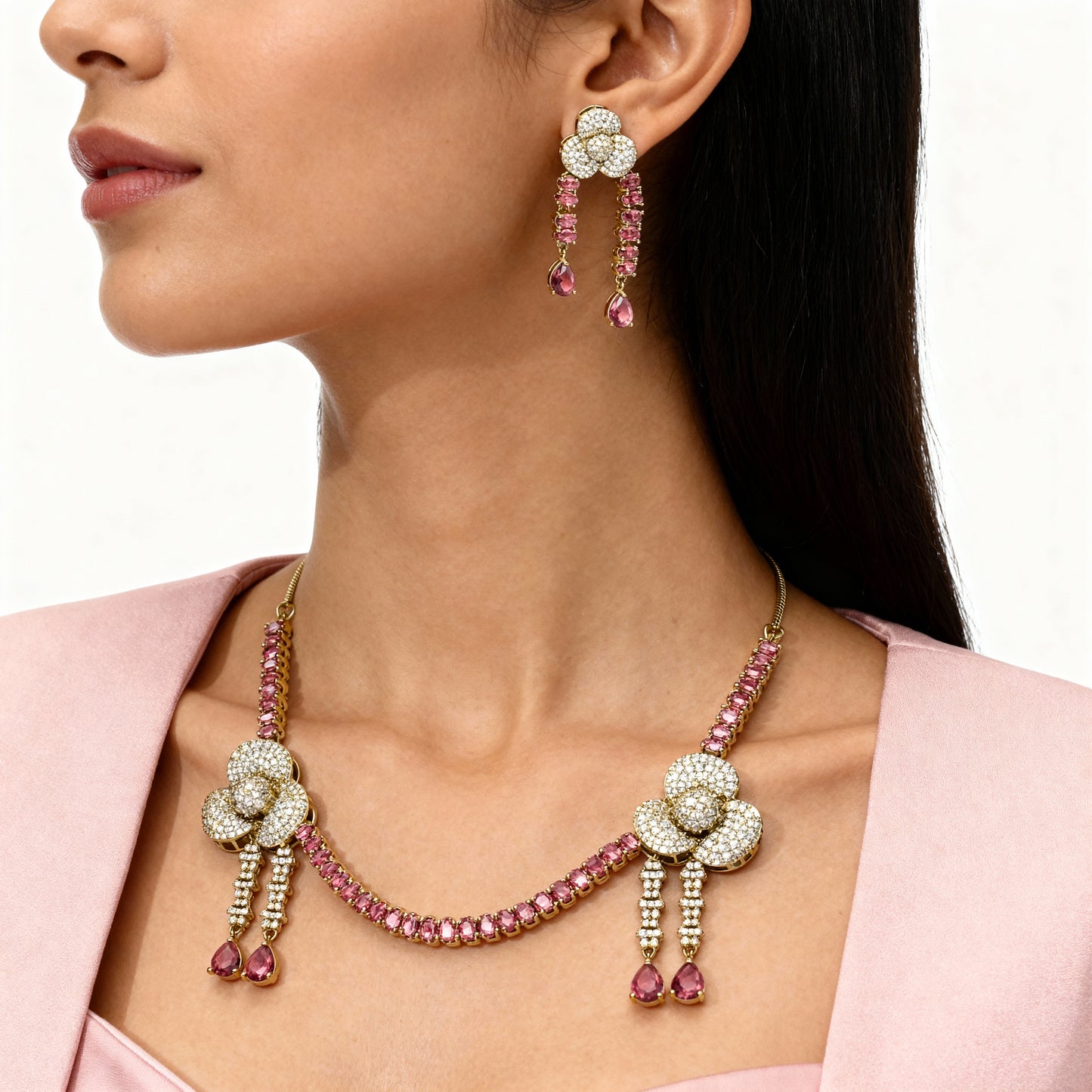 Ruby Pink Floral Victorian Diamond Necklace with Earrings