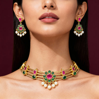 Tantaaz Multi-Color Gold Plated Choker Necklace Set (Kerala Style)